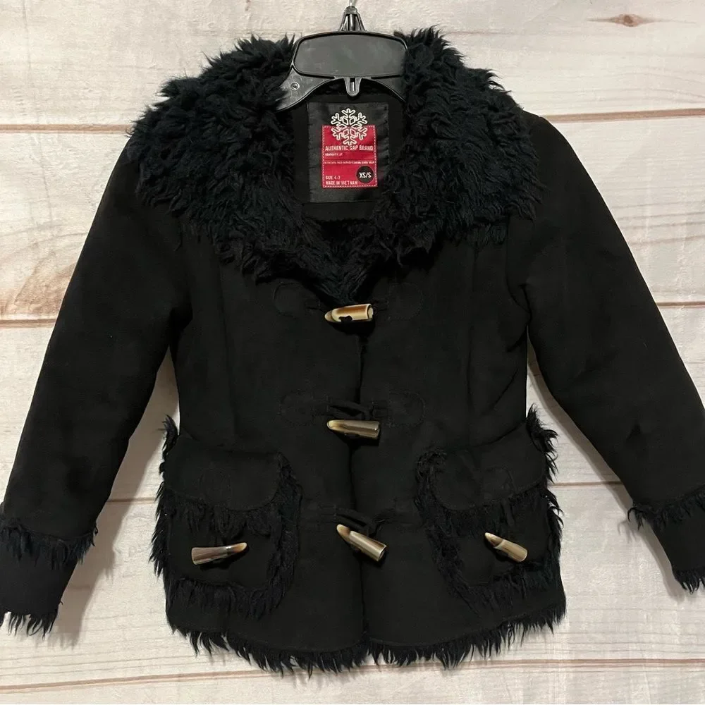 Girls Gap Black Faux Suede Fur Lined Coat with Horn-like Buttons XS/S (4-7)
